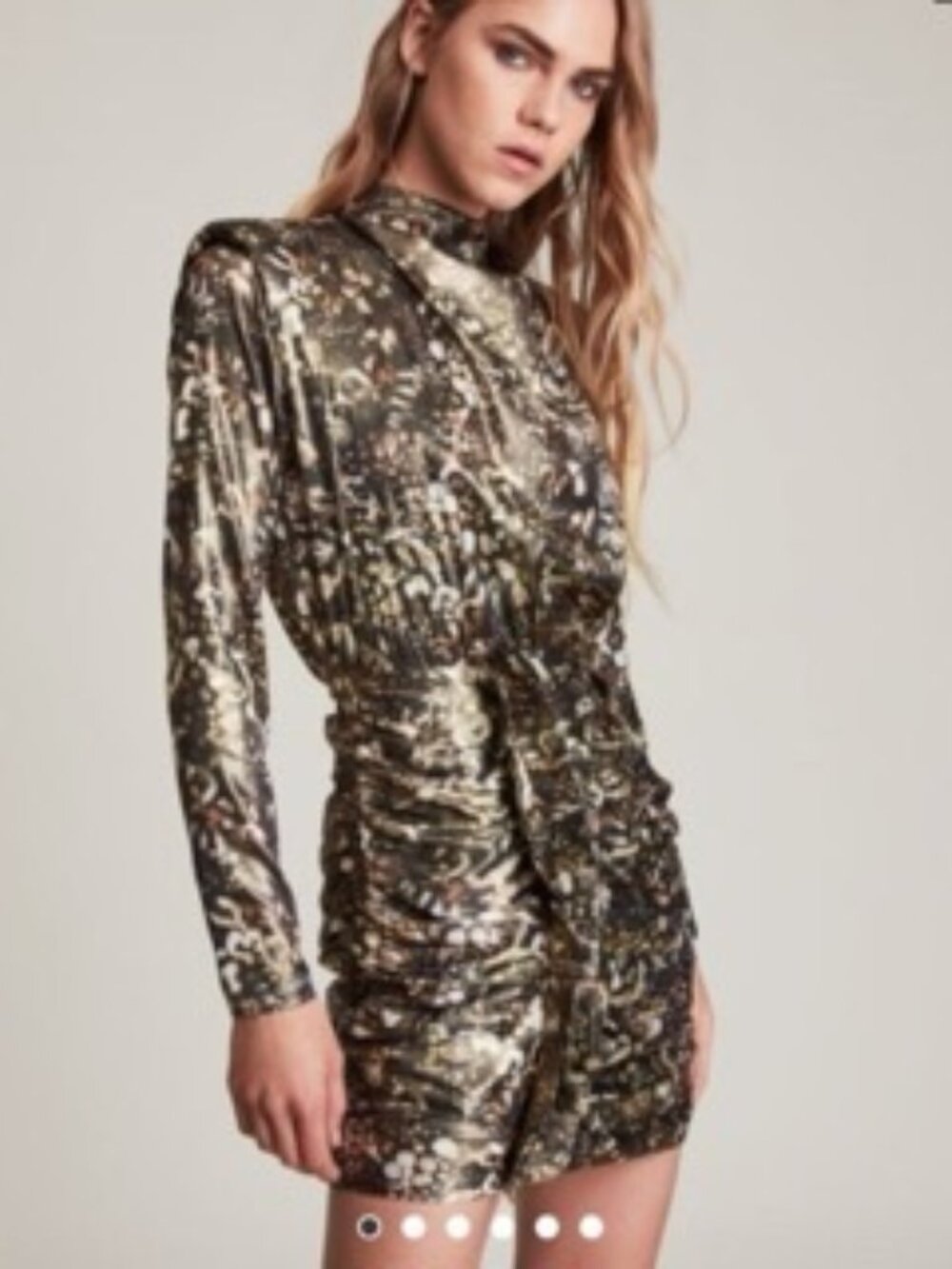 AllSaints Ruched Floral Long Sleeve Mini Dress US 2